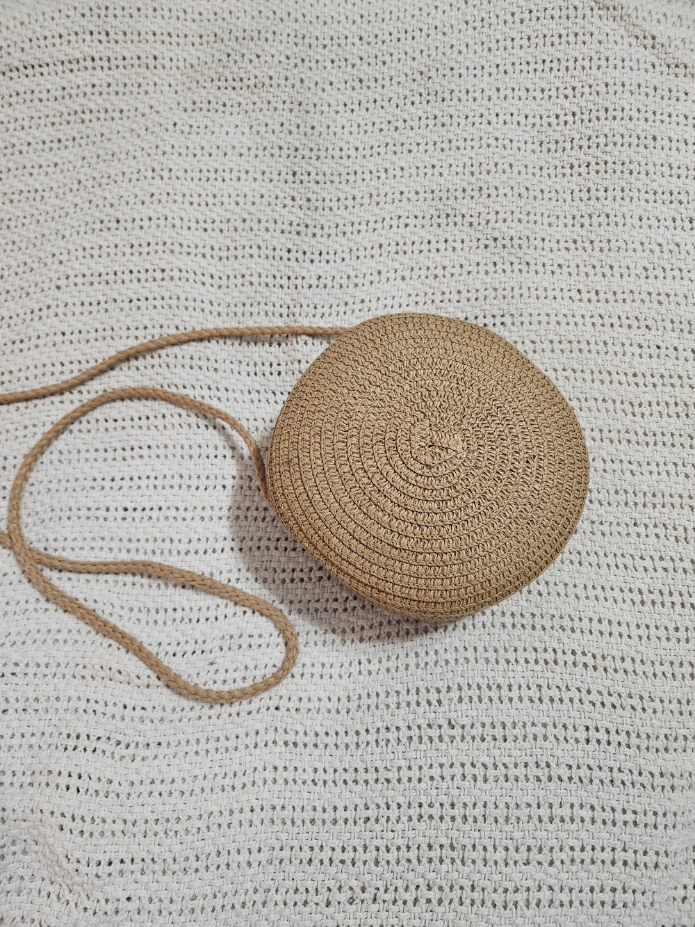 Round Woven Crossbody Bag in Natural Tan